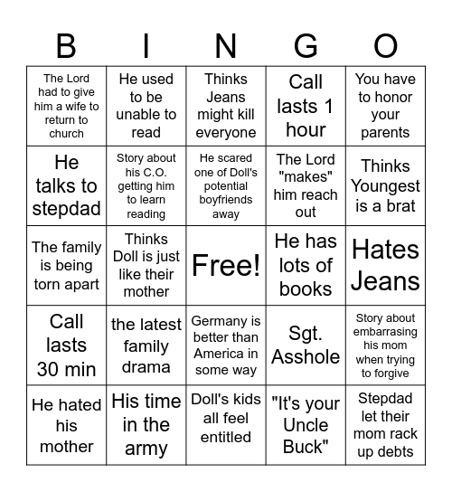 Called by Sergeant Asshole Bingo Card