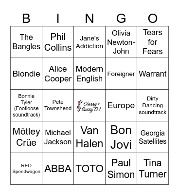 80s Artists Only Bingo Card