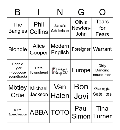 80s Artists Only Bingo Card