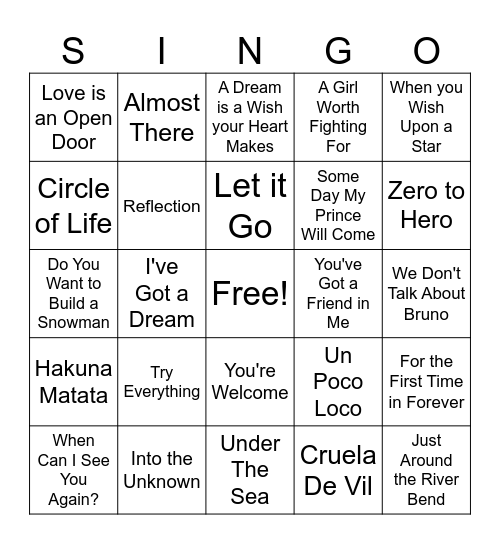 GIRL SCOUTS DISNEY SINGO Bingo Card