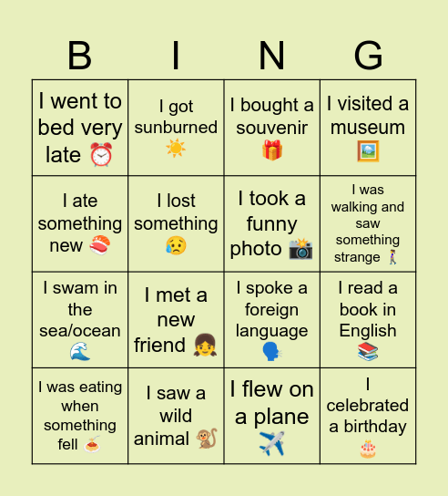 My summer Bingo Card