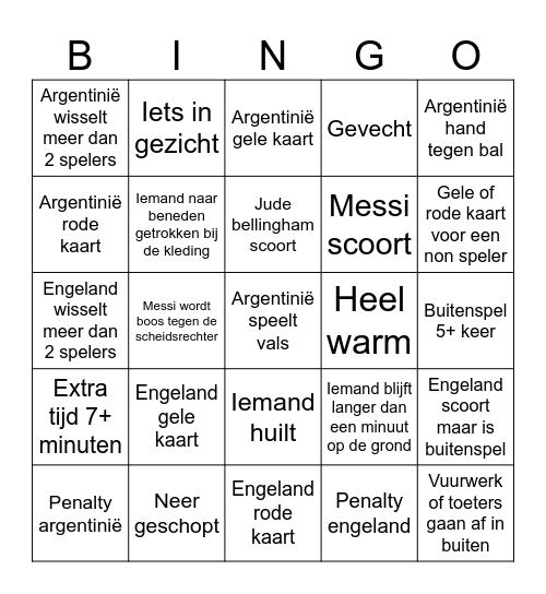 Argentinië vs Engeland Bingo Card