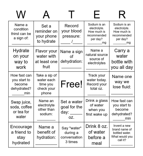 Hydration Bingo Card