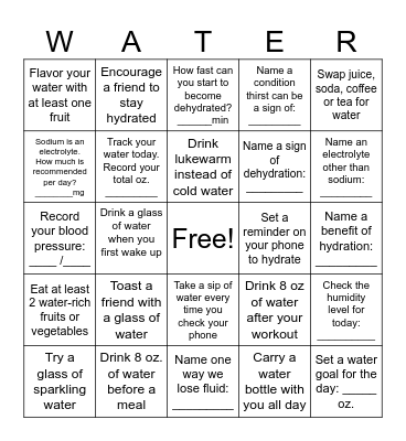 Hydration Bingo Card