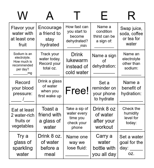 Hydration Bingo Card