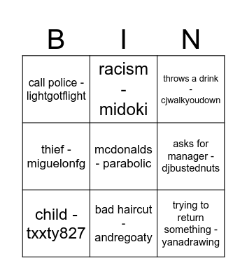 hide and seek Bingo Card