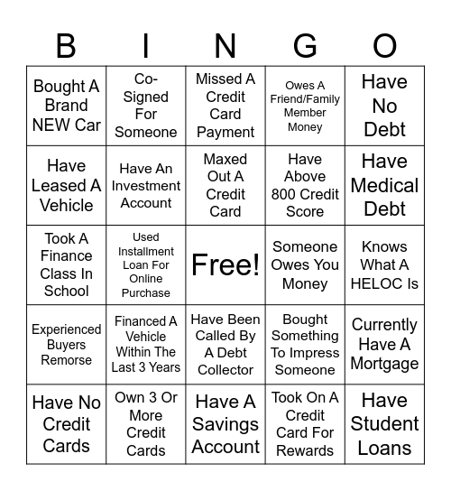 Financial Values Bingo Card