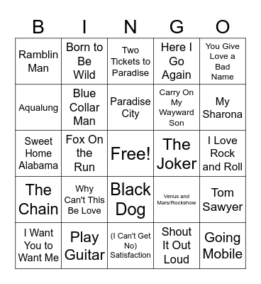 Old School Rock Bingo Card