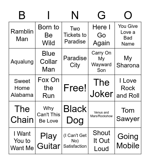 Old School Rock Bingo Card