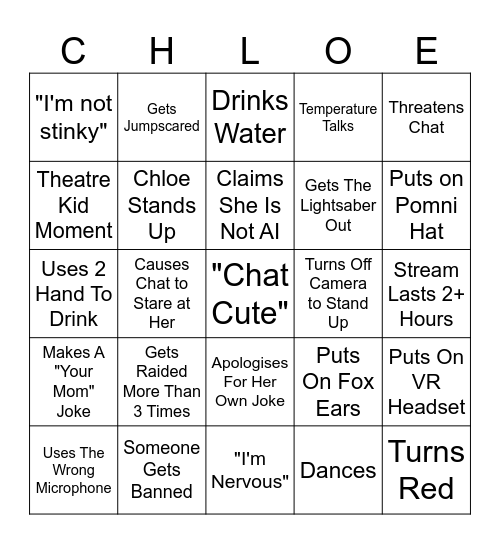 ChloeFoxy IRL BingoBingo Card