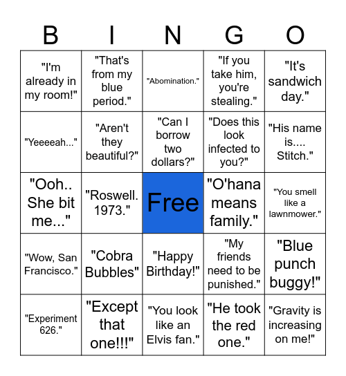 Lilo & Stitch Movie Bingo Card
