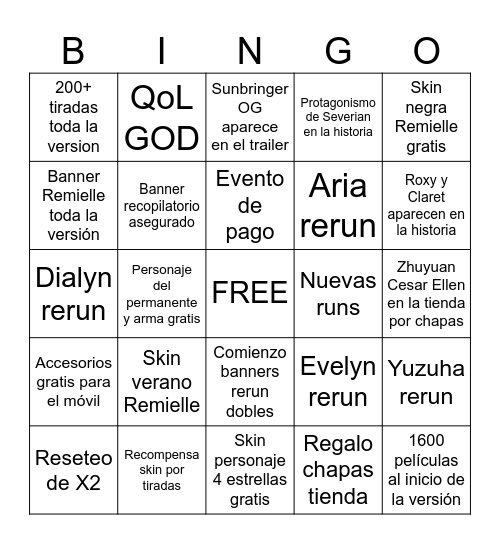 Zenless livestream Bingo Card