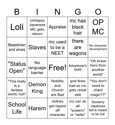 Isekai Bingo Card