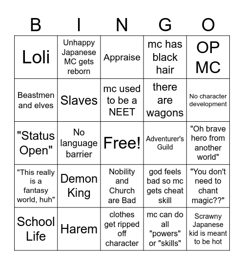 Isekai Bingo Card