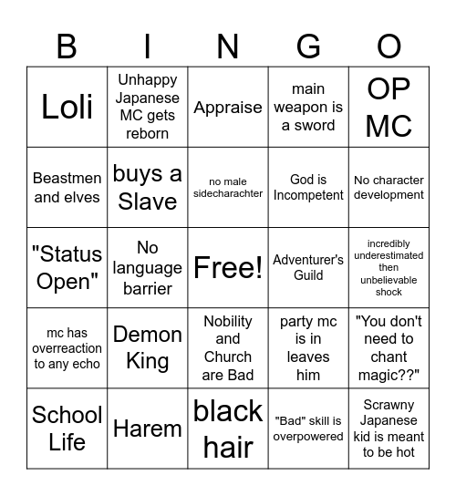 Isekai Bingo Card