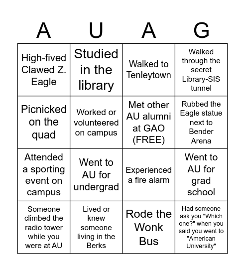 AU Alumni Bingo Card