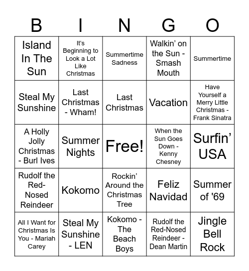 Music Bingo Card