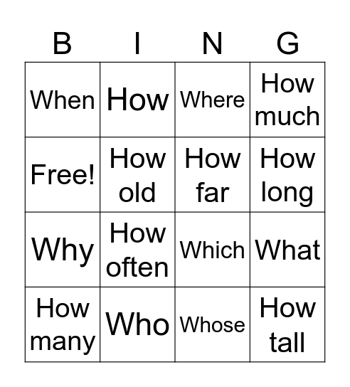 Question Word Bingo Card