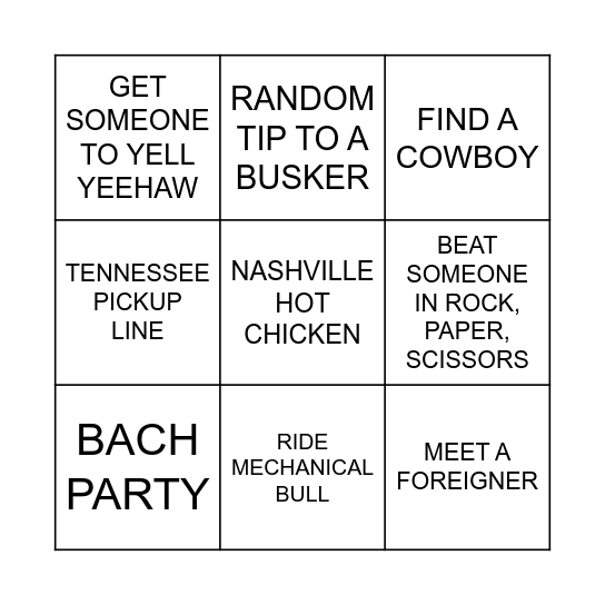 Nashville IRL Bingo Card