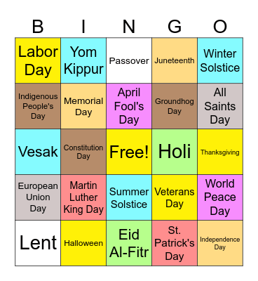 Holidays of the World Bingo Card