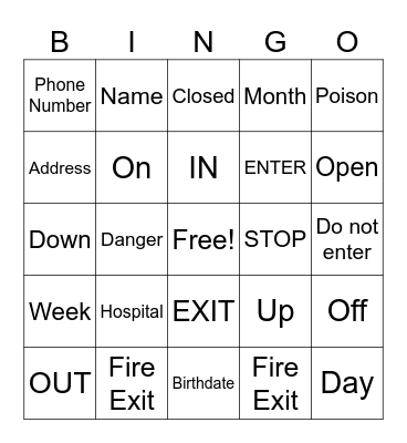 Survival Words Bingo Card