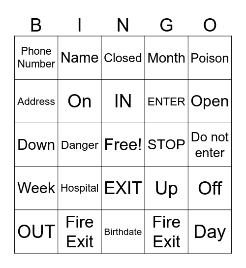 Survival Words Bingo Card