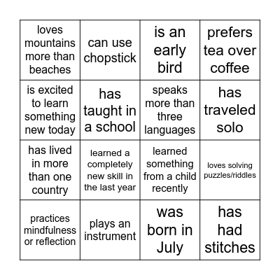 Human Bingo! Bingo Card