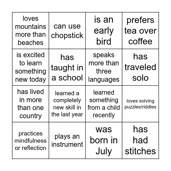Human Bingo! Bingo Card