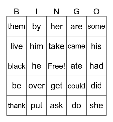 SIght Word Bingo 1 Bingo Card