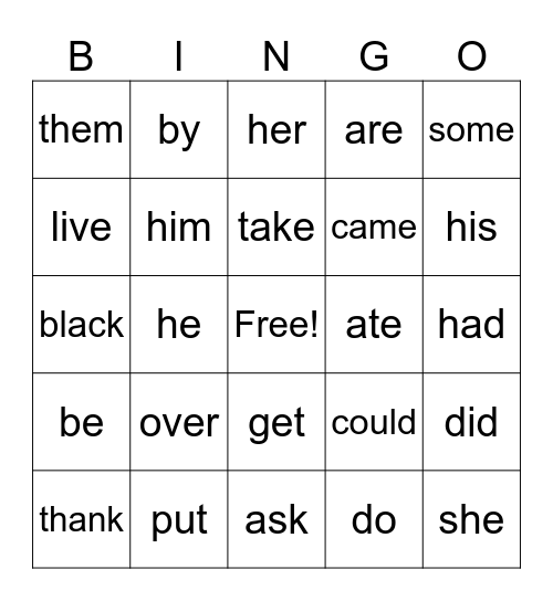SIght Word Bingo 1 Bingo Card
