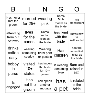 Bridal Bingo Card