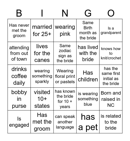 Bridal Bingo Card