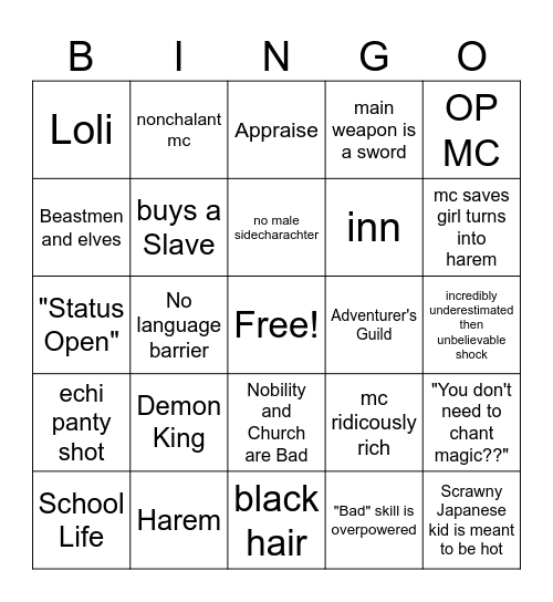 Isekai Bingo Card