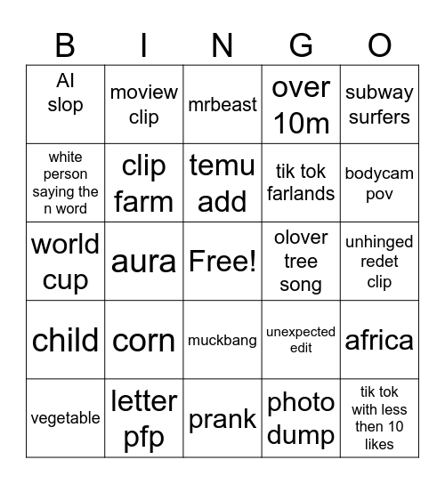tik tok Bingo Card