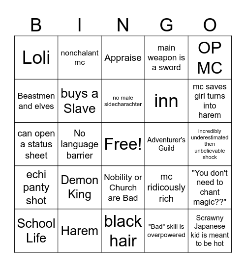 Isekai Bingo Card
