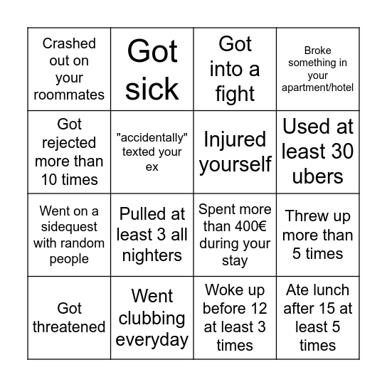 Bac Trip 2k26 Bingo Card
