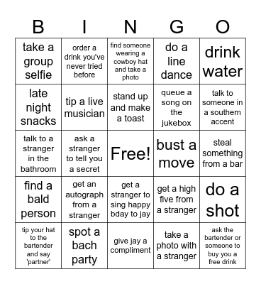 Nashville Barcrawl Bingo Card