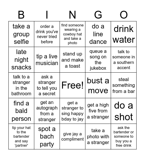 Nashville Barcrawl Bingo Card