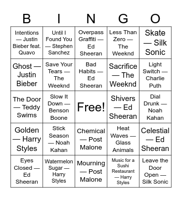 20's Male Pop Bingo Card
