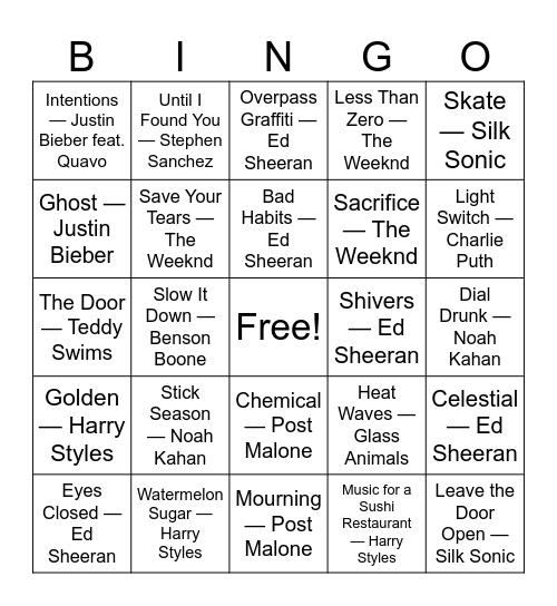 20's Male Pop Bingo Card