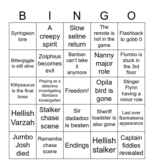 Banban 5 predictions Bingo Card