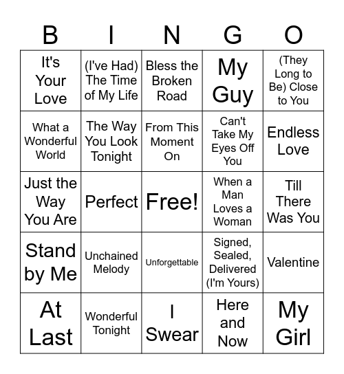 Wedding Song Bingo Card