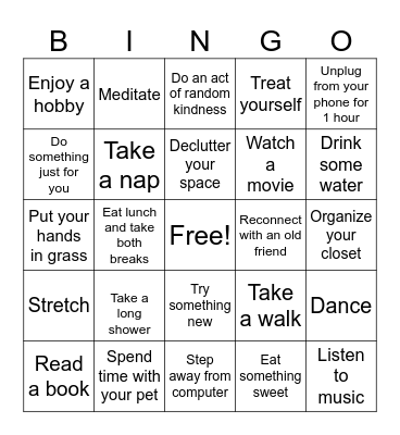 Self Care Bingo Card