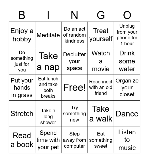 Self Care Bingo Card