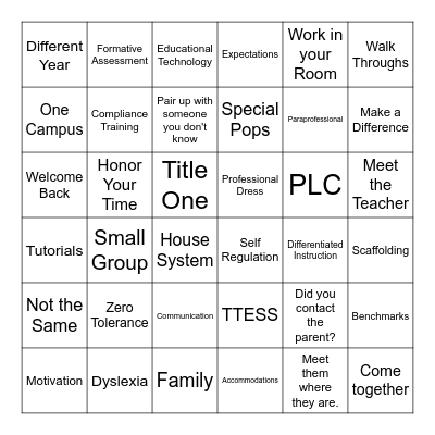 Back to School Bingo Card