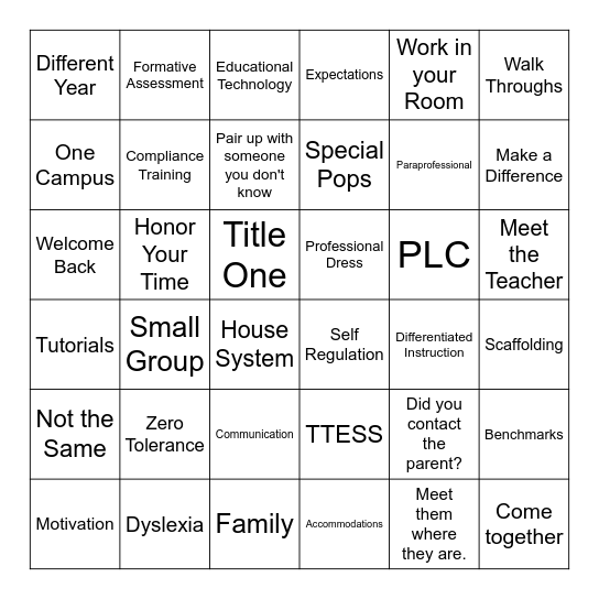 Back to School Bingo Card