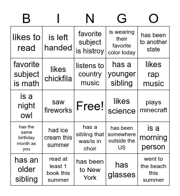 "Get to Know You" Band Bingo Card