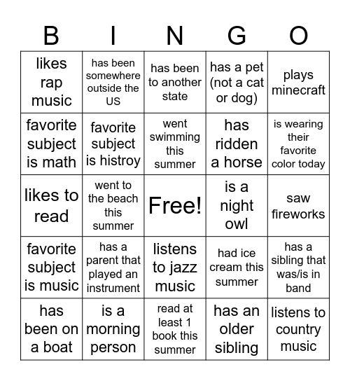 "Get to Know You" Band Bingo Card