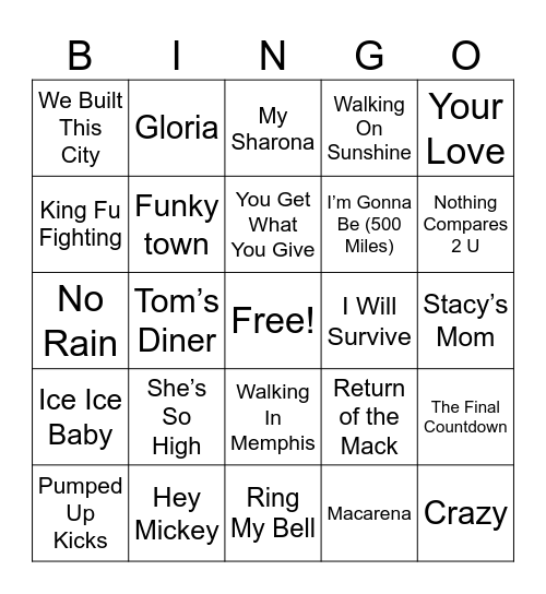 80s, 90s, 2000s One Hitters Bingo Card