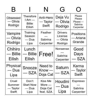 20's Female Pop Bingo Card